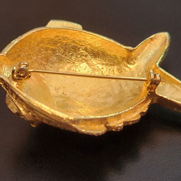 Funky Fish Pin Bright Gold Red Rhinestone SPARKLES Lg Brooch VTG Costume Jewelry - Picture 7 of 10